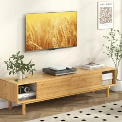 Tangkula Bamboo TV Stand for 65” 70” TVs, 63” Mid Century Modern TV Console Table with Sliding Doors & 3 Storage Compartments