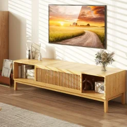 Tangkula Bamboo TV Stand for TVs Up to 65”, Mid Century Modern TV Console Table with Slats Sliding Doors & 2 Storage Shelves