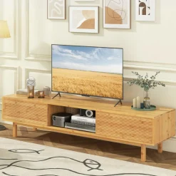 Tangkula Bamboo TV Stand for 65” 70” TVs, 63” Mid Century Modern TV Console Table with Sliding Doors & 3 Storage Compartments