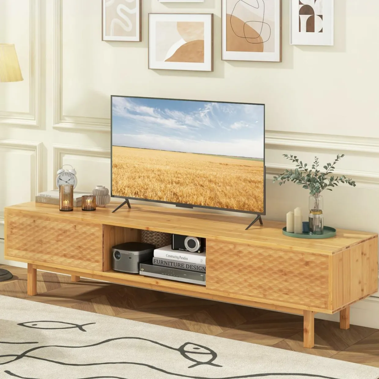 Tangkula Bamboo TV Stand for 65” 70” TVs, 63” Mid Century Modern TV Console Table with Sliding Doors & 3 Storage Compartments