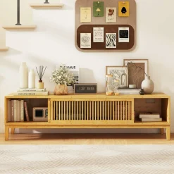 Tangkula Bamboo TV Stand for TVs Up to 65”, Mid Century Modern TV Console Table with Slats Sliding Doors & 2 Storage Shelves
