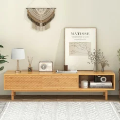 Tangkula Bamboo TV Stand for 65” 70” TVs, 63” Mid Century Modern TV Console Table with Sliding Doors & 3 Storage Compartments