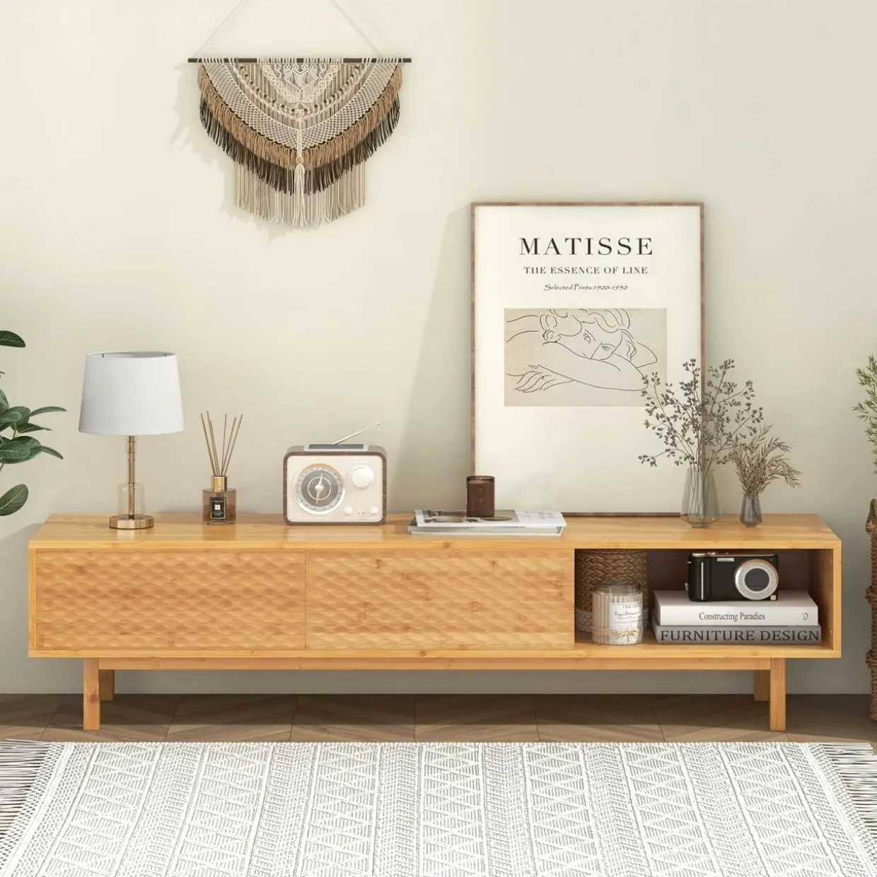 Tangkula Bamboo TV Stand for 65” 70” TVs, 63” Mid Century Modern TV Console Table with Sliding Doors & 3 Storage Compartments