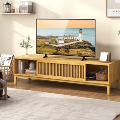 Tangkula Bamboo TV Stand for TVs Up to 65”, Mid Century Modern TV Console Table with Slats Sliding Doors & 2 Storage Shelves