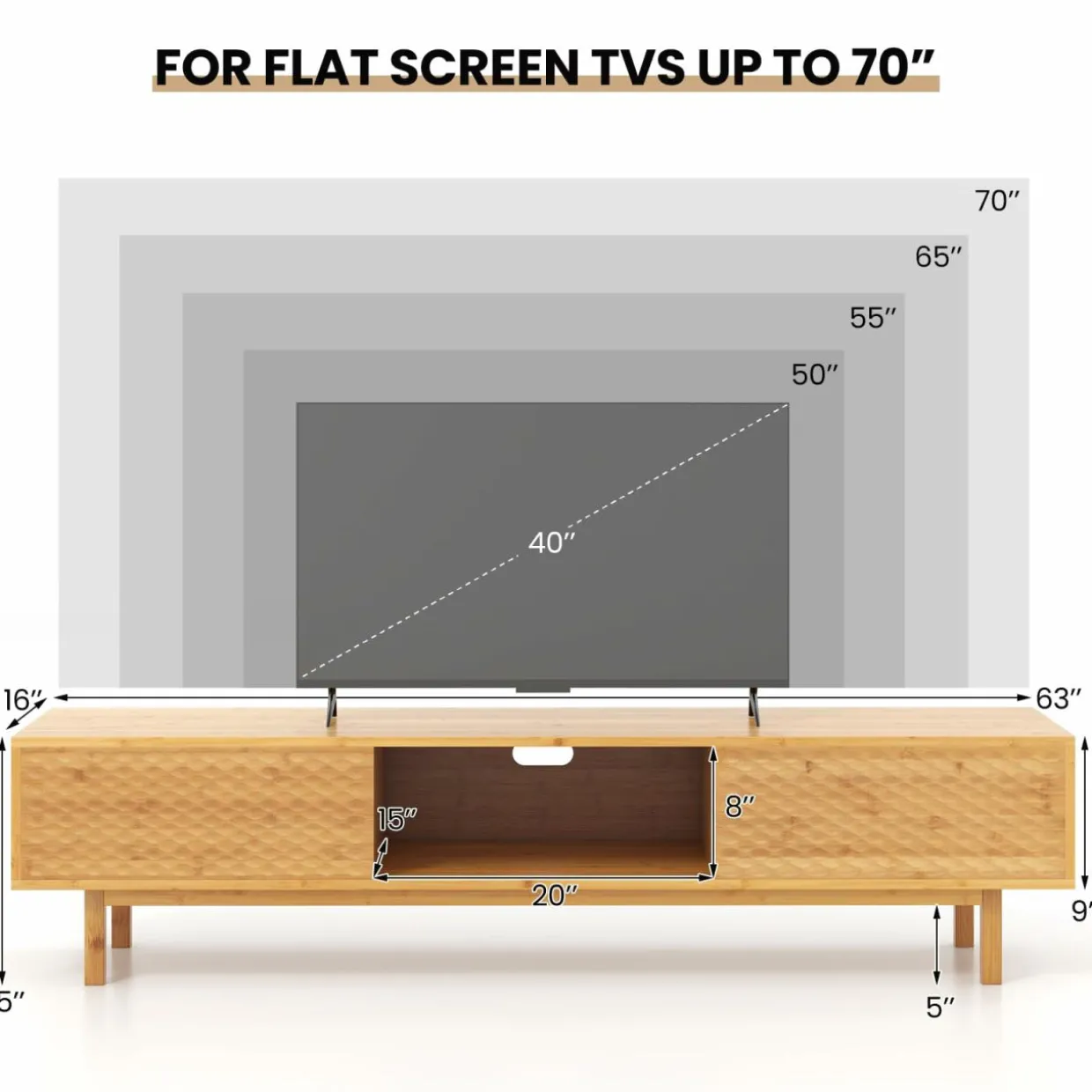 Tangkula Bamboo TV Stand for 65” 70” TVs, 63” Mid Century Modern TV Console Table with Sliding Doors & 3 Storage Compartments