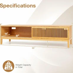 Tangkula Bamboo TV Stand for TVs Up to 65”, Mid Century Modern TV Console Table with Slats Sliding Doors & 2 Storage Shelves