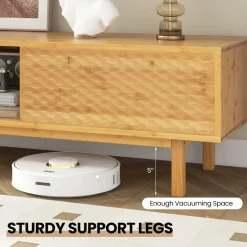 Tangkula Bamboo TV Stand for 65” 70” TVs, 63” Mid Century Modern TV Console Table with Sliding Doors & 3 Storage Compartments