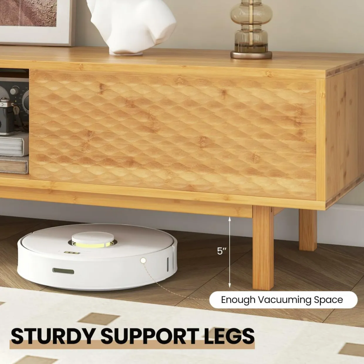 Tangkula Bamboo TV Stand for 65” 70” TVs, 63” Mid Century Modern TV Console Table with Sliding Doors & 3 Storage Compartments