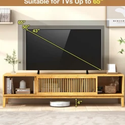 Tangkula Bamboo TV Stand for TVs Up to 65”, Mid Century Modern TV Console Table with Slats Sliding Doors & 2 Storage Shelves