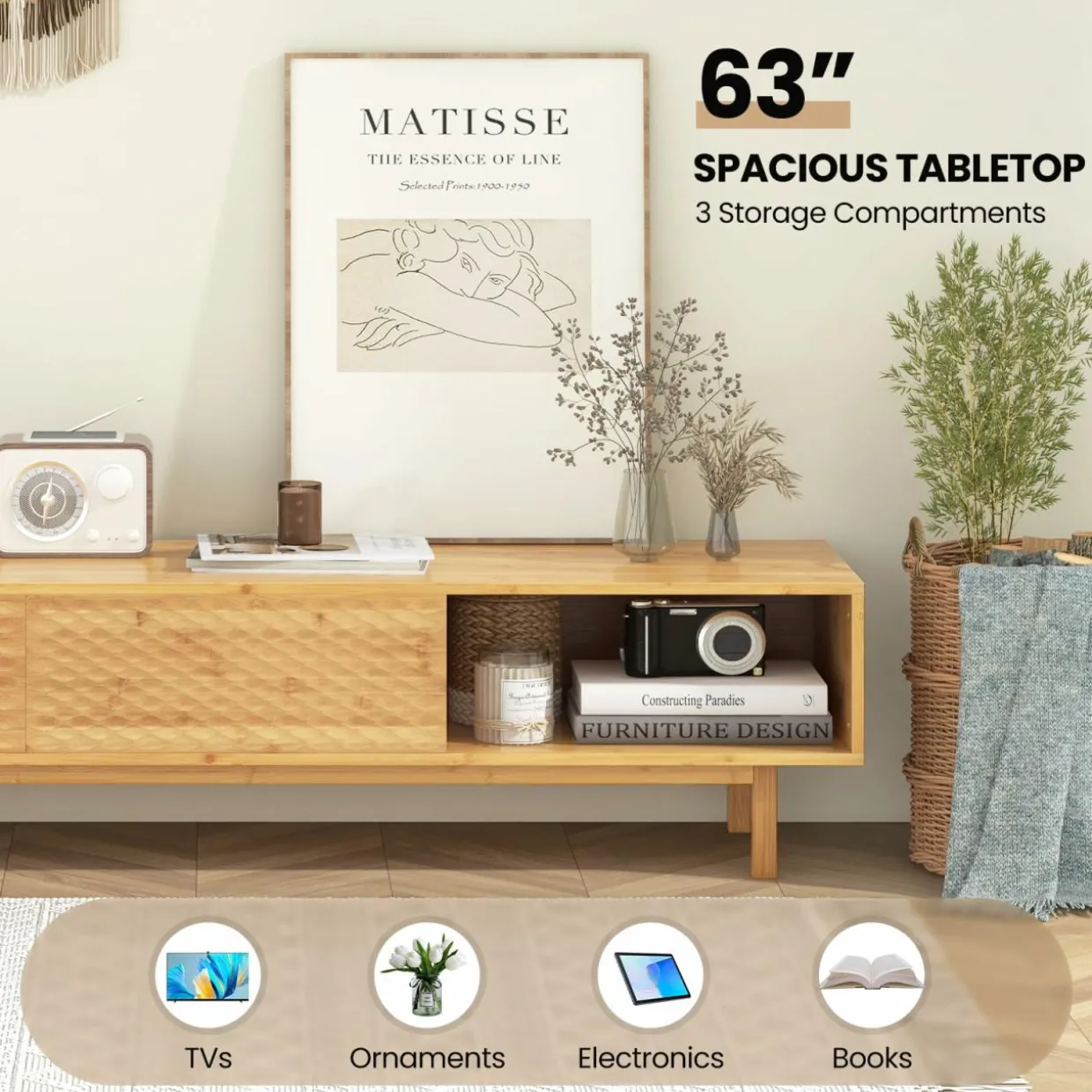 Tangkula Bamboo TV Stand for 65” 70” TVs, 63” Mid Century Modern TV Console Table with Sliding Doors & 3 Storage Compartments