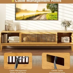 Tangkula Bamboo TV Stand for TVs Up to 65”, Mid Century Modern TV Console Table with Slats Sliding Doors & 2 Storage Shelves