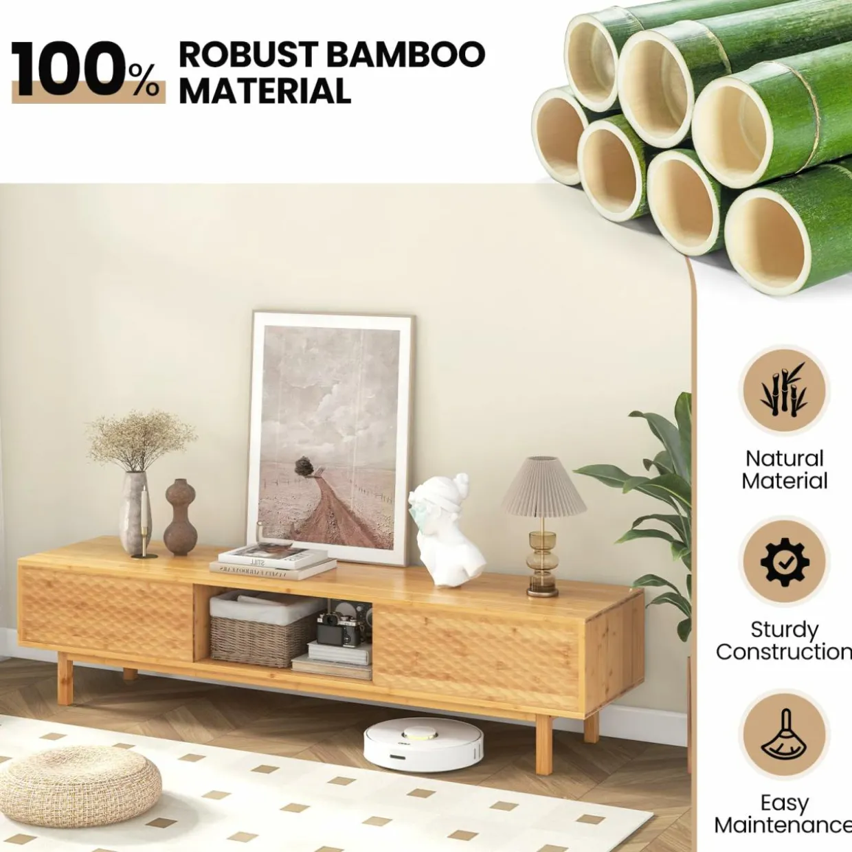 Tangkula Bamboo TV Stand for 65” 70” TVs, 63” Mid Century Modern TV Console Table with Sliding Doors & 3 Storage Compartments