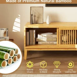 Tangkula Bamboo TV Stand for TVs Up to 65”, Mid Century Modern TV Console Table with Slats Sliding Doors & 2 Storage Shelves
