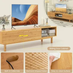 Tangkula Bamboo TV Stand for 65” 70” TVs, 63” Mid Century Modern TV Console Table with Sliding Doors & 3 Storage Compartments