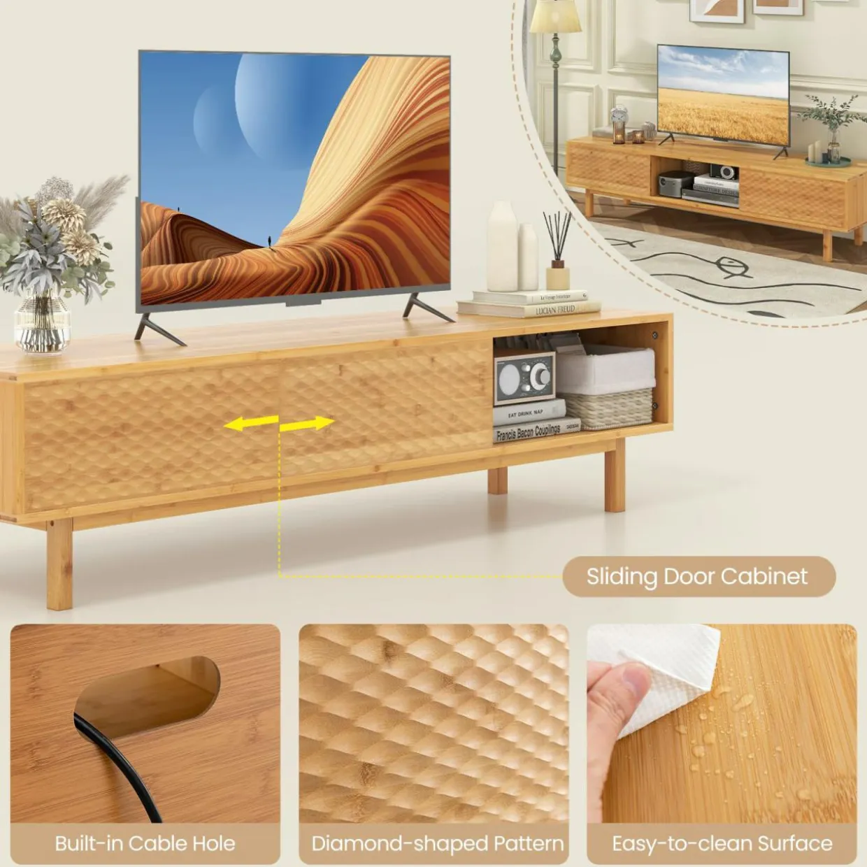 Tangkula Bamboo TV Stand for 65” 70” TVs, 63” Mid Century Modern TV Console Table with Sliding Doors & 3 Storage Compartments