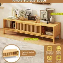 Tangkula Bamboo TV Stand for TVs Up to 65”, Mid Century Modern TV Console Table with Slats Sliding Doors & 2 Storage Shelves