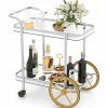 Tangkula Bar Cart for The Home, 2-Tier Rolling Tempered Glass Serving Cart, 2 Large Gold Aluminum Wheels & 2 Casters
