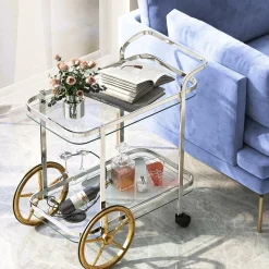Tangkula Bar Cart for The Home, 2-Tier Rolling Tempered Glass Serving Cart, 2 Large Gold Aluminum Wheels & 2 Casters