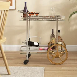 Tangkula Bar Cart for The Home, 2-Tier Rolling Tempered Glass Serving Cart, 2 Large Gold Aluminum Wheels & 2 Casters