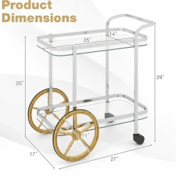 Tangkula Bar Cart for The Home, 2-Tier Rolling Tempered Glass Serving Cart, 2 Large Gold Aluminum Wheels & 2 Casters