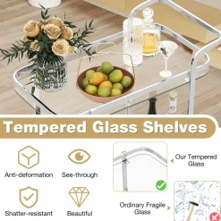 Tangkula Bar Cart for The Home, 2-Tier Rolling Tempered Glass Serving Cart, 2 Large Gold Aluminum Wheels & 2 Casters