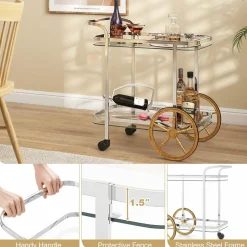 Tangkula Bar Cart for The Home, 2-Tier Rolling Tempered Glass Serving Cart, 2 Large Gold Aluminum Wheels & 2 Casters