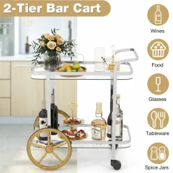 Tangkula Bar Cart for The Home, 2-Tier Rolling Tempered Glass Serving Cart, 2 Large Gold Aluminum Wheels & 2 Casters