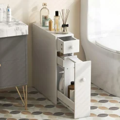Tangkula Bathroom Cabinet, Wooden Bathroom Storage Cabinet, Home Kitchen Living Room Bathroom Toilet Narrow Floor Organizer