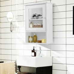 Tangkula Bathroom Cabinet, Wall Mounted Storage Organizer W/Door and Open Shelf, Hanging Medicine Cabinet, White