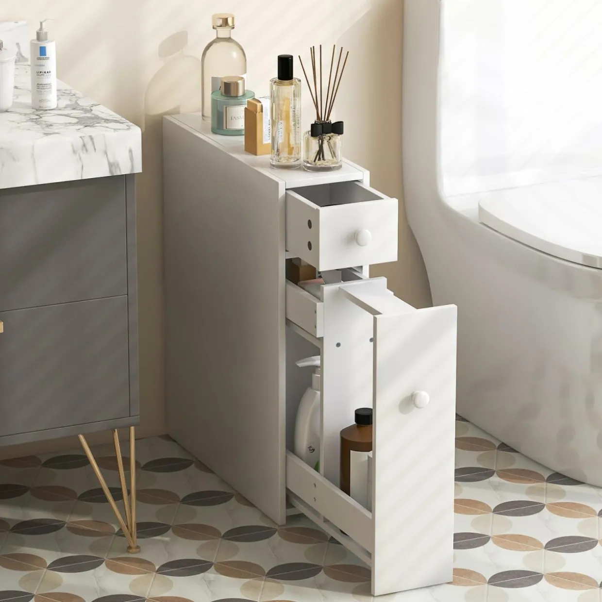 Tangkula Bathroom Cabinet, Wooden Bathroom Storage Cabinet, Home Kitchen Living Room Bathroom Toilet Narrow Floor Organizer