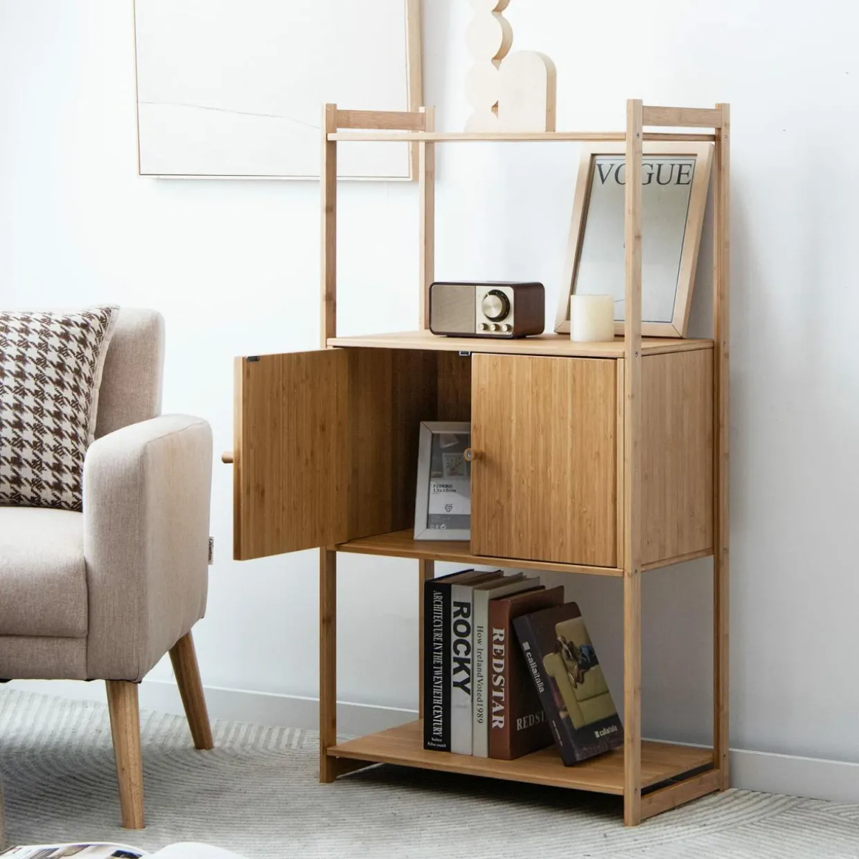 Tangkula Bathroom Cabinet, Bamboo 4 Tier Floor Storage Cabinet with Enclosed Cabinet