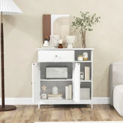 Tangkula Bathroom Cabinet, Floor Storage Cabinet with Doors and Shelves