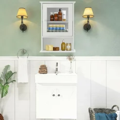 Tangkula Bathroom Cabinet, Wall Mounted Storage Organizer W/Door and Open Shelf, Hanging Medicine Cabinet, White