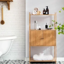 Tangkula Bathroom Cabinet, Bamboo 4 Tier Floor Storage Cabinet with Enclosed Cabinet