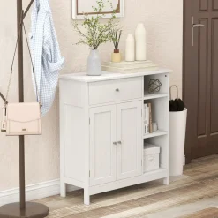 Tangkula Bathroom Cabinet, Floor Storage Cabinet with Doors and Shelves