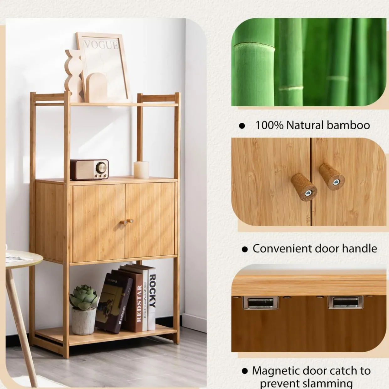 Tangkula Bathroom Cabinet, Bamboo 4 Tier Floor Storage Cabinet with Enclosed Cabinet