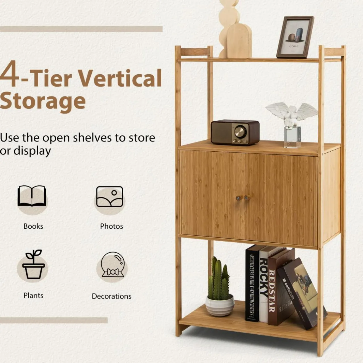 Tangkula Bathroom Cabinet, Bamboo 4 Tier Floor Storage Cabinet with Enclosed Cabinet