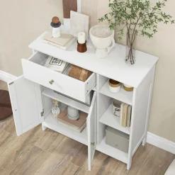 Tangkula Bathroom Cabinet, Floor Storage Cabinet with Doors and Shelves