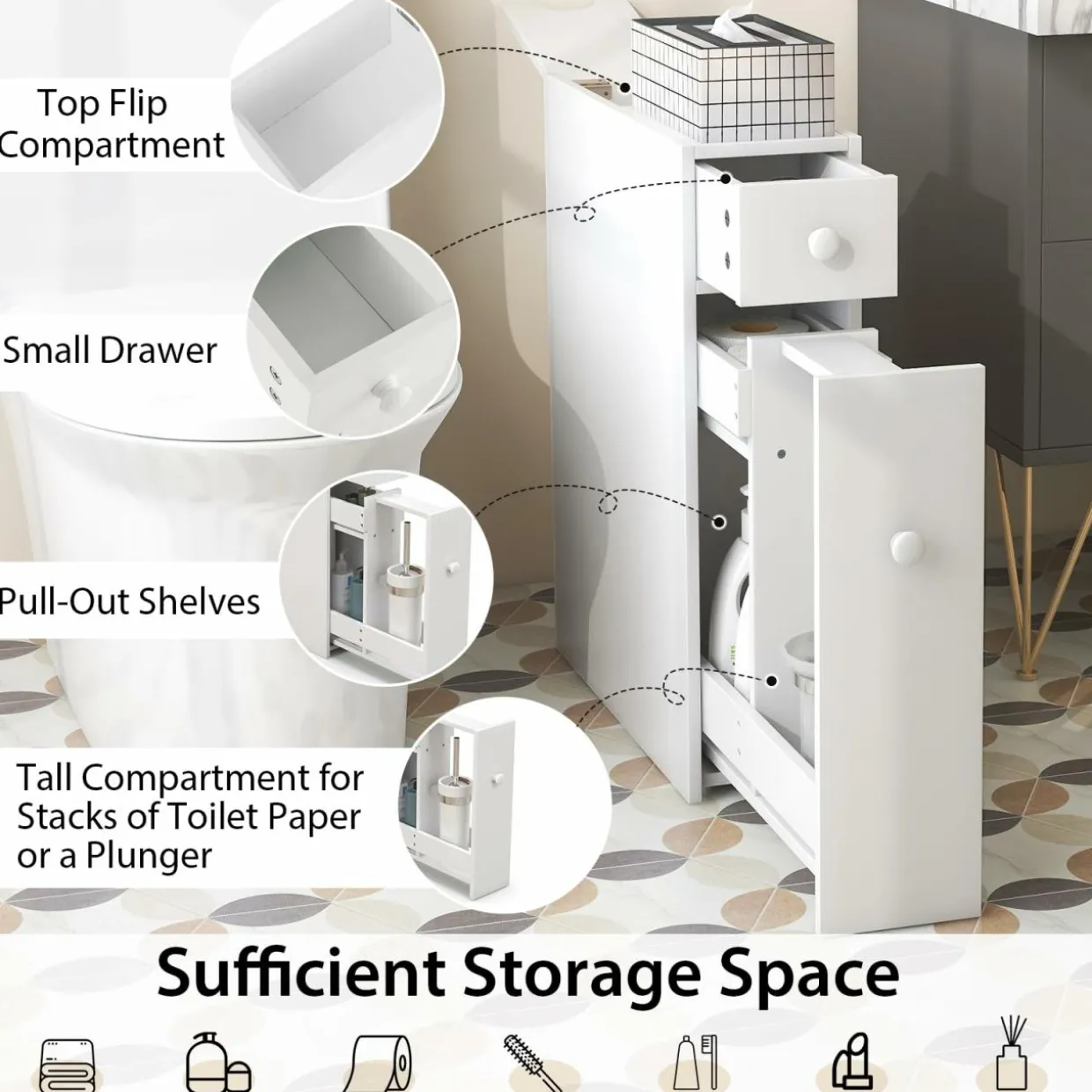 Tangkula Bathroom Cabinet, Wooden Bathroom Storage Cabinet, Home Kitchen Living Room Bathroom Toilet Narrow Floor Organizer
