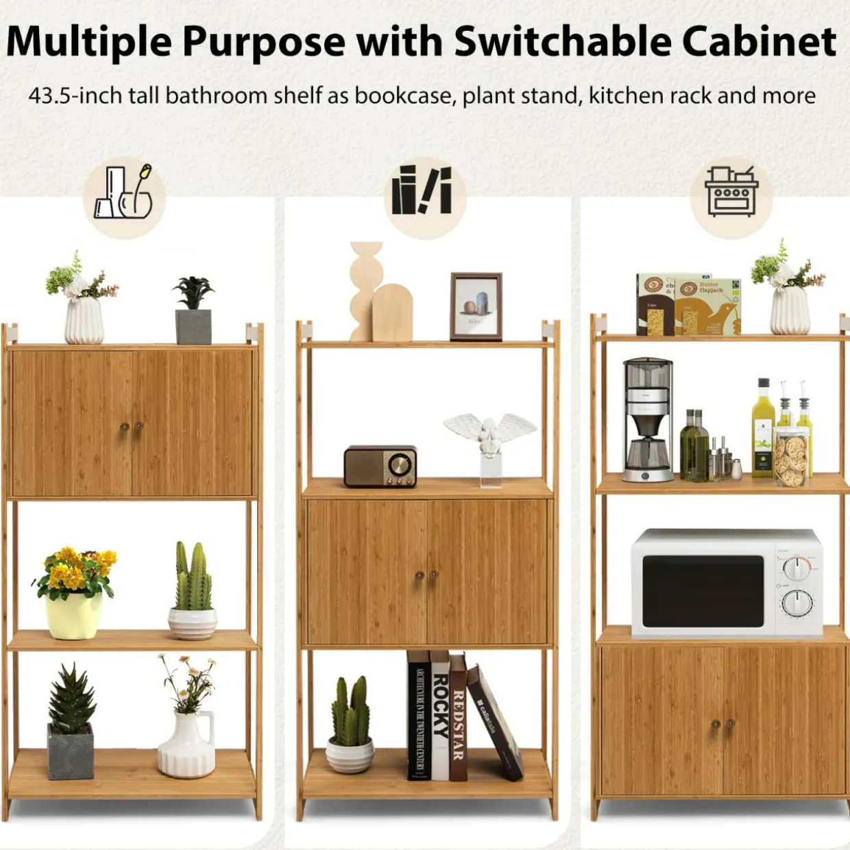Tangkula Bathroom Cabinet, Bamboo 4 Tier Floor Storage Cabinet with Enclosed Cabinet