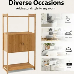 Tangkula Bathroom Cabinet, Bamboo 4 Tier Floor Storage Cabinet with Enclosed Cabinet