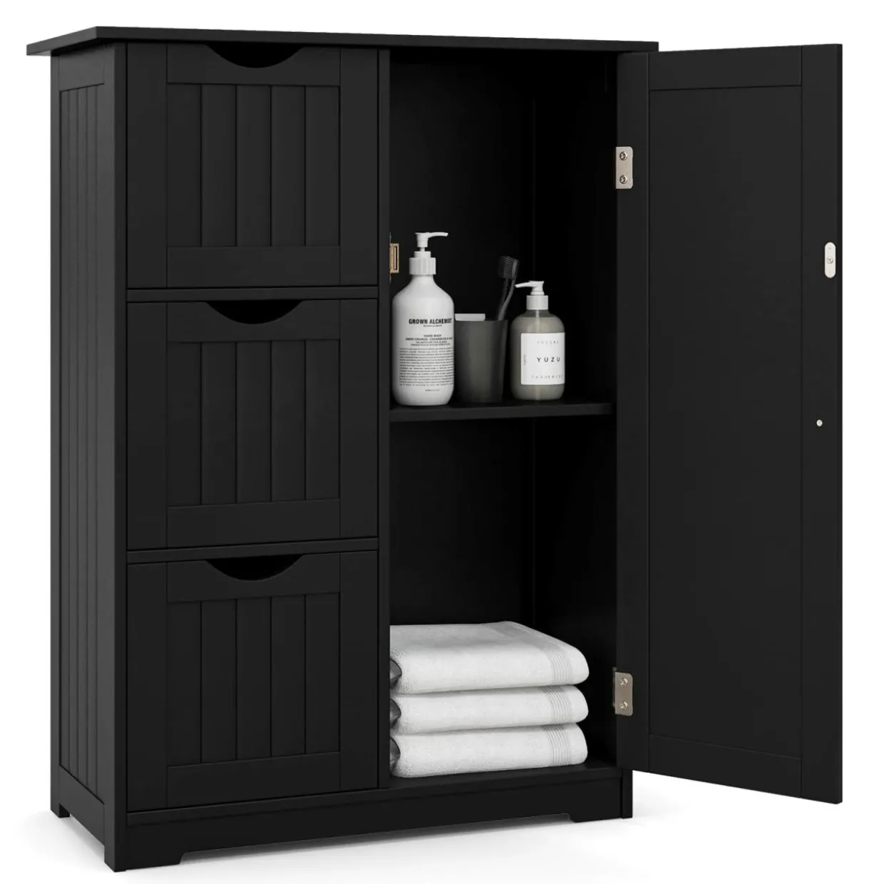 Tangkula Bathroom Floor Cabinet, Freestanding Side Storage Cabinet w/ 3 Drawers & 1 Cupboard