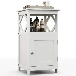 Tangkula Bathroom Floor Cabinet, Single Door Storage Cabinet with Diamond Frame Open Shelf