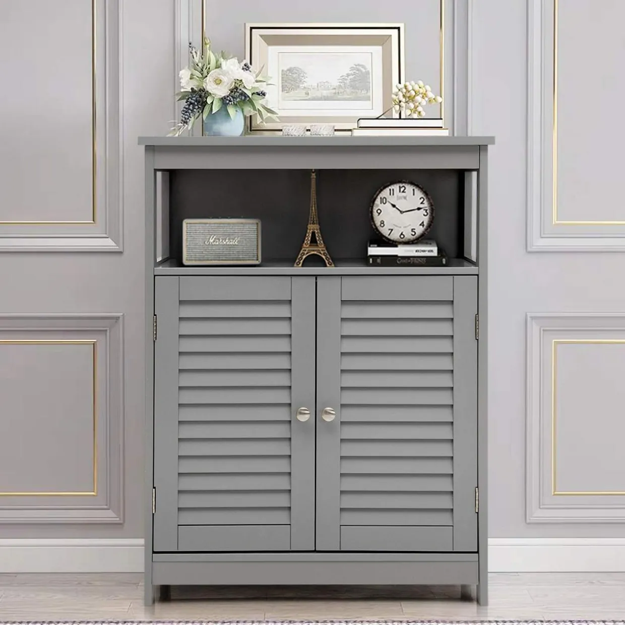 Tangkula Bathroom Floor Cabinet, Wooden Freestanding Storage Cabinet with Double Shutter Door & Adjustable Shelf