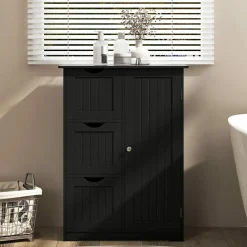 Tangkula Bathroom Floor Cabinet, Freestanding Side Storage Cabinet w/ 3 Drawers & 1 Cupboard