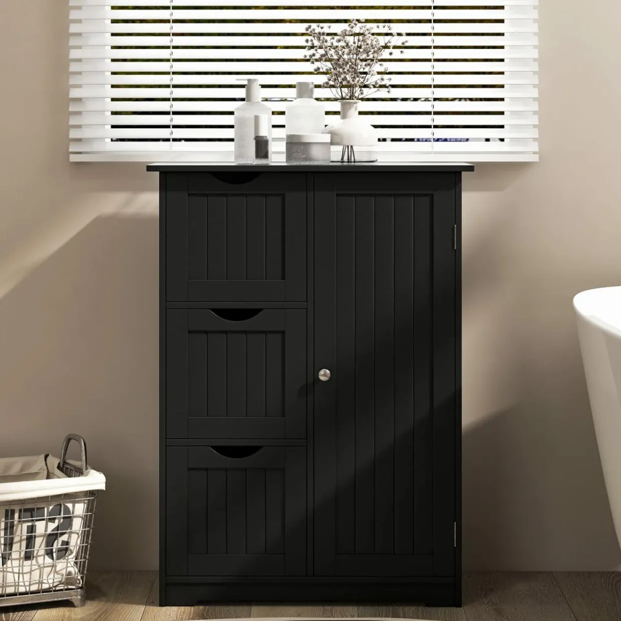 Tangkula Bathroom Floor Cabinet, Freestanding Side Storage Cabinet w/ 3 Drawers & 1 Cupboard