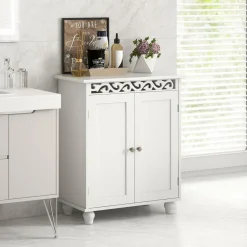 Tangkula Bathroom Floor Cabinet, Modern Carved Design Freestanding Storage Cabinet (White)