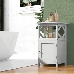 Tangkula Bathroom Floor Cabinet, Single Door Storage Cabinet with Diamond Frame Open Shelf