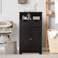 Tangkula Bathroom Floor Cabinet, Storage Cabinet w/One Open Shelf Two Doors and Two Adjustable Drawers, Standing Cupboard for Kitchen