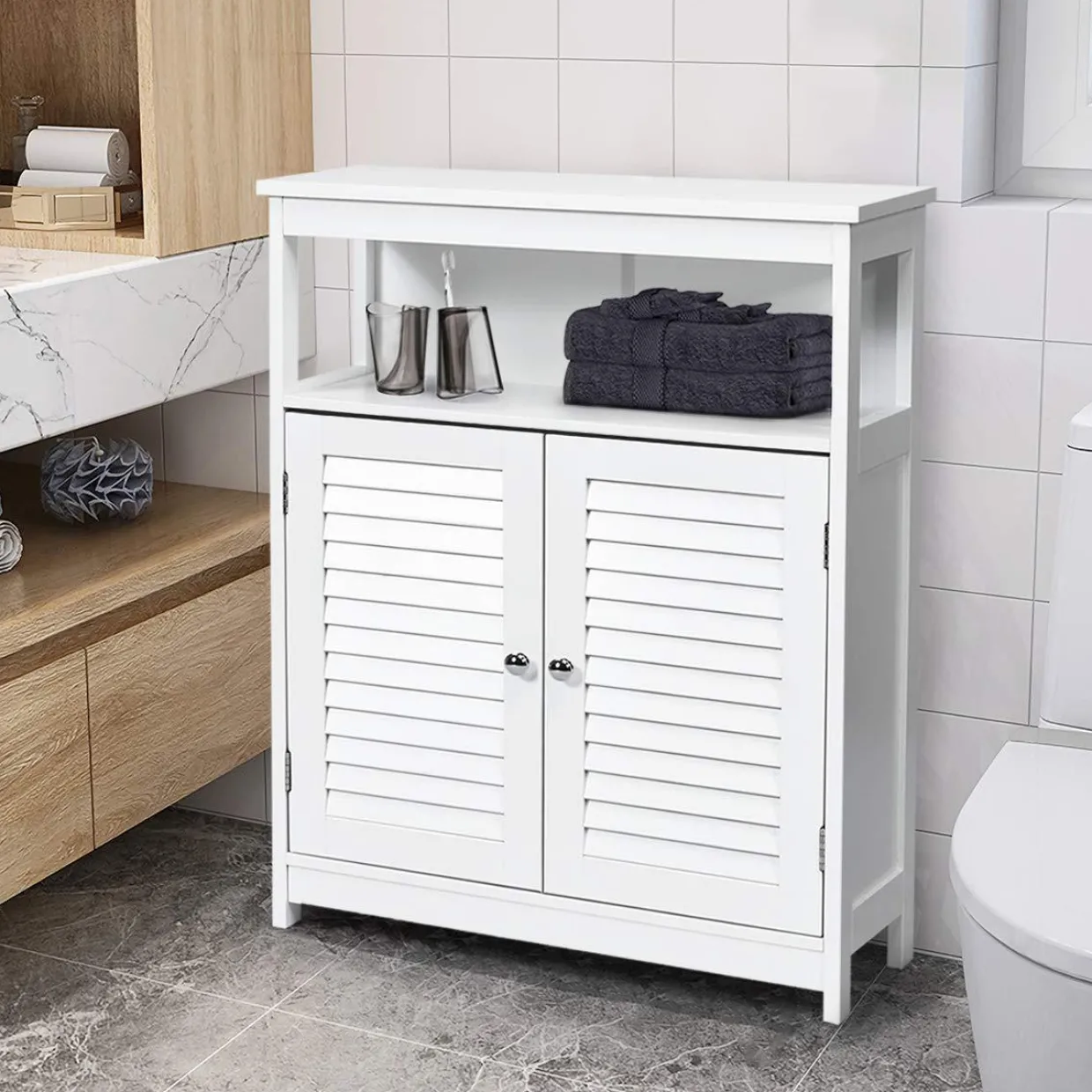 Tangkula Bathroom Floor Cabinet, Wooden Freestanding Storage Cabinet with Double Shutter Door & Adjustable Shelf